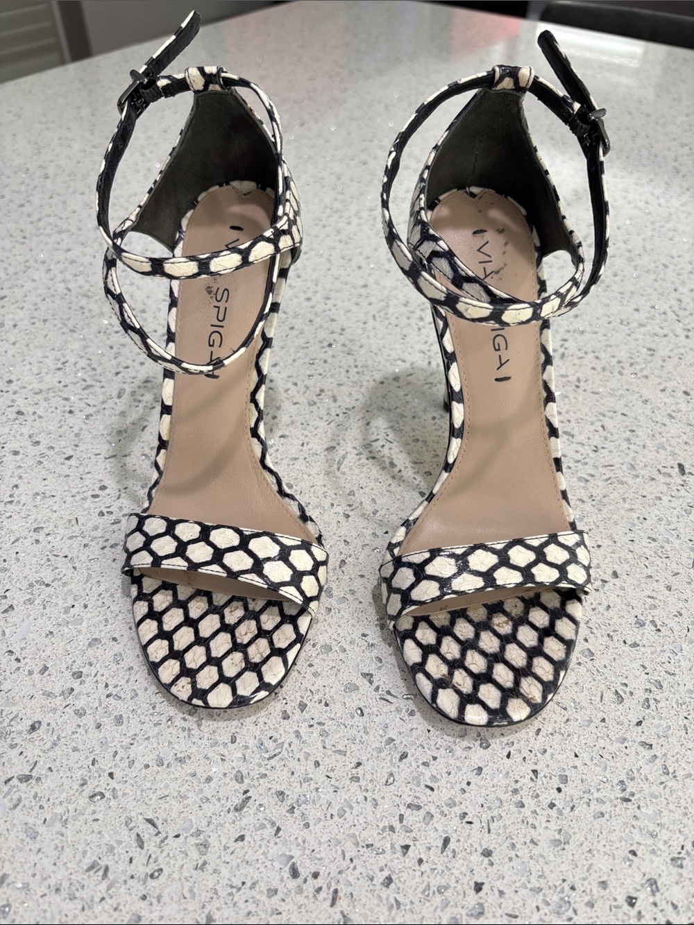 Via Spiga V-Tiara2 Black & White Patterned Ankle-Strap Heels